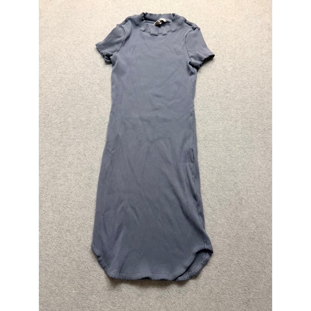 HM Women Blue Ribbed Mock Neck Short Sleeve Bodycon Midi Dress Size 10